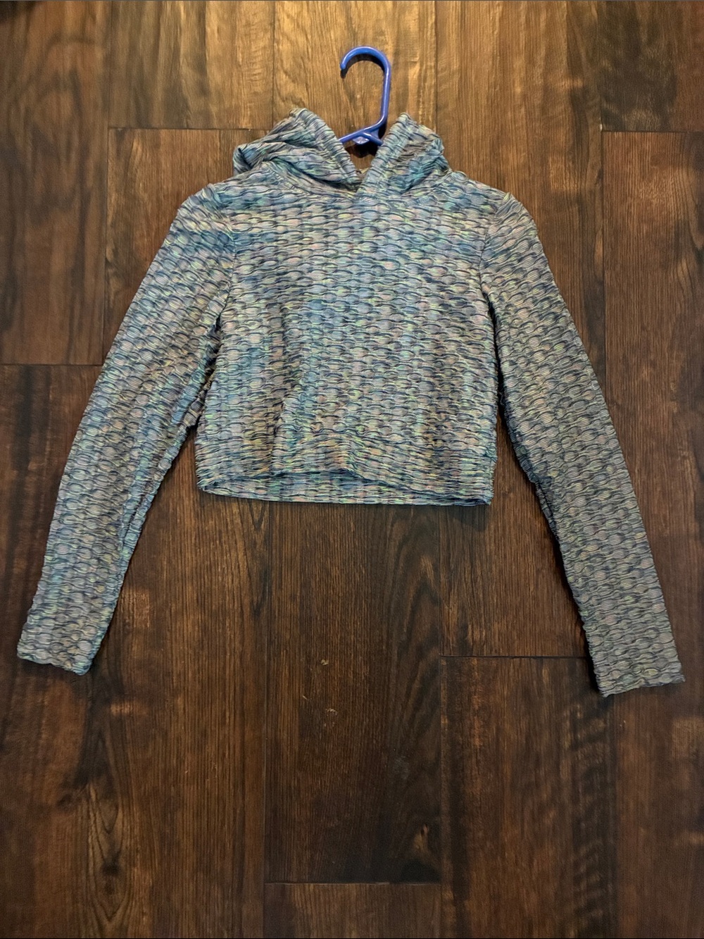 Textured Cropped Hooded Top in Blue-Green Multi
